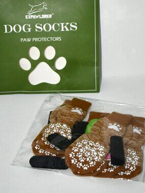 EXPAWLORER Anti-Slip Dog Socks, 6PCS, Paw Protector, MEDIUM, Beige, Traction Boo